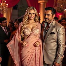A busty blonde woman flaunting her charm in a breathtaking lacy saree accompanied by a stylish bikini blouse that highlights her generous cleavage and deep navel
