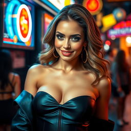 A stunningly beautiful woman with captivating features, dressed in fashionable and alluring attire