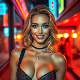 A stunningly beautiful woman with captivating features, dressed in fashionable and alluring attire