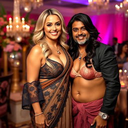 A curvy blonde woman showcasing her beauty in a stunning lacy saree paired with an eye-catching bikini blouse that emphasizes her ample cleavage and deep navel