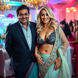 A curvy blonde woman showcasing her beauty in a stunning lacy saree paired with an eye-catching bikini blouse that emphasizes her ample cleavage and deep navel