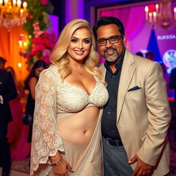 A curvy blonde woman showcasing her beauty in a stunning lacy saree paired with an eye-catching bikini blouse that emphasizes her ample cleavage and deep navel