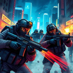 A dynamic and colorful illustration of a Counter-Strike scene featuring elite soldiers in tactical gear, intensely engaged in a virtual battle