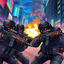 A dynamic and colorful illustration of a Counter-Strike scene featuring elite soldiers in tactical gear, intensely engaged in a virtual battle