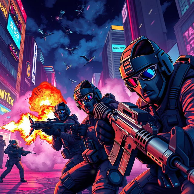 A dynamic and colorful illustration of a Counter-Strike scene featuring elite soldiers in tactical gear, intensely engaged in a virtual battle