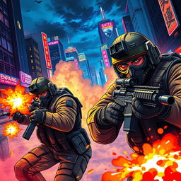 A dynamic and colorful illustration of a Counter-Strike scene featuring elite soldiers in tactical gear, intensely engaged in a virtual battle