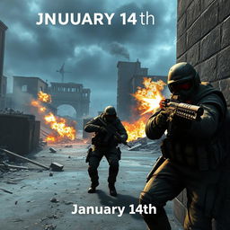 A dynamic scene from a Counter-Strike match set on January 14th, showcasing a team of armed soldiers in tactical gear navigating a war-torn urban environment
