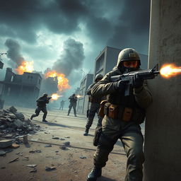 A dynamic scene from a Counter-Strike match set on January 14th, showcasing a team of armed soldiers in tactical gear navigating a war-torn urban environment