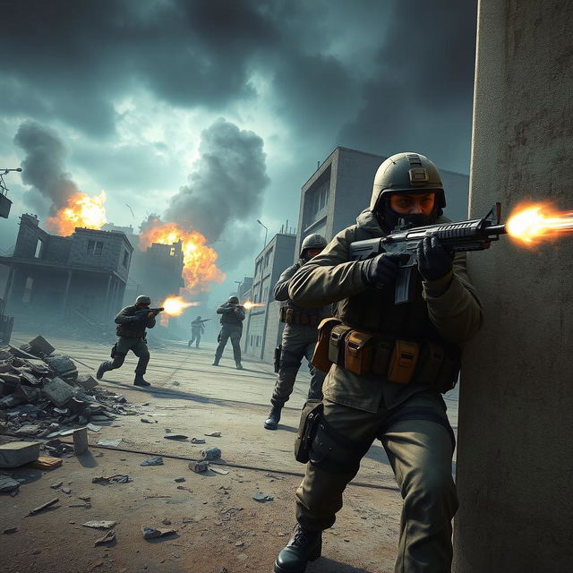 A dynamic scene from a Counter-Strike match set on January 14th, showcasing a team of armed soldiers in tactical gear navigating a war-torn urban environment