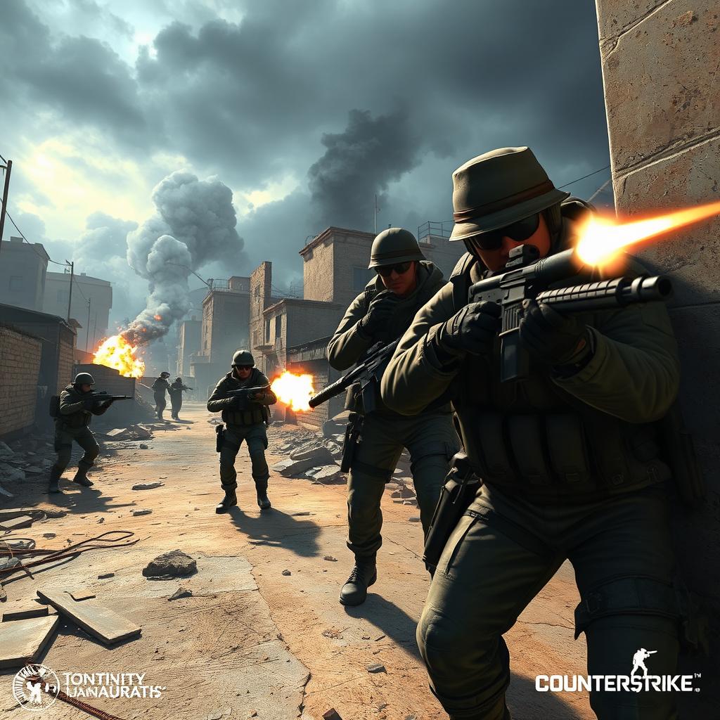 A dynamic scene from a Counter-Strike match set on January 14th, showcasing a team of armed soldiers in tactical gear navigating a war-torn urban environment