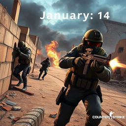 A dynamic scene from a Counter-Strike match set on January 14th, showcasing a team of armed soldiers in tactical gear navigating a war-torn urban environment