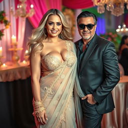 A curvy blonde woman exuding confidence in an elegant lacy transparent saree paired with a stylish bikini blouse that beautifully showcases her ample cleavage and deep navel