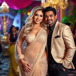 A curvy blonde woman exuding confidence in an elegant lacy transparent saree paired with a stylish bikini blouse that beautifully showcases her ample cleavage and deep navel