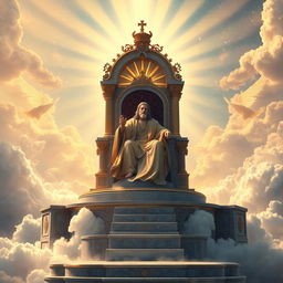 A grand depiction of a majestic throne set atop a high, ethereal platform, surrounded by shimmering clouds and rays of golden light