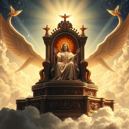 A grand depiction of a majestic throne set atop a high, ethereal platform, surrounded by shimmering clouds and rays of golden light