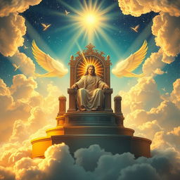 A grand depiction of a majestic throne set atop a high, ethereal platform, surrounded by shimmering clouds and rays of golden light