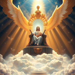A grand depiction of a majestic throne set atop a high, ethereal platform, surrounded by shimmering clouds and rays of golden light