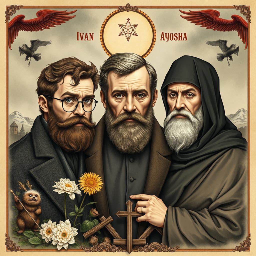 A detailed illustration of the main characters from Fyodor Dostoevsky's 'The Brothers Karamazov'