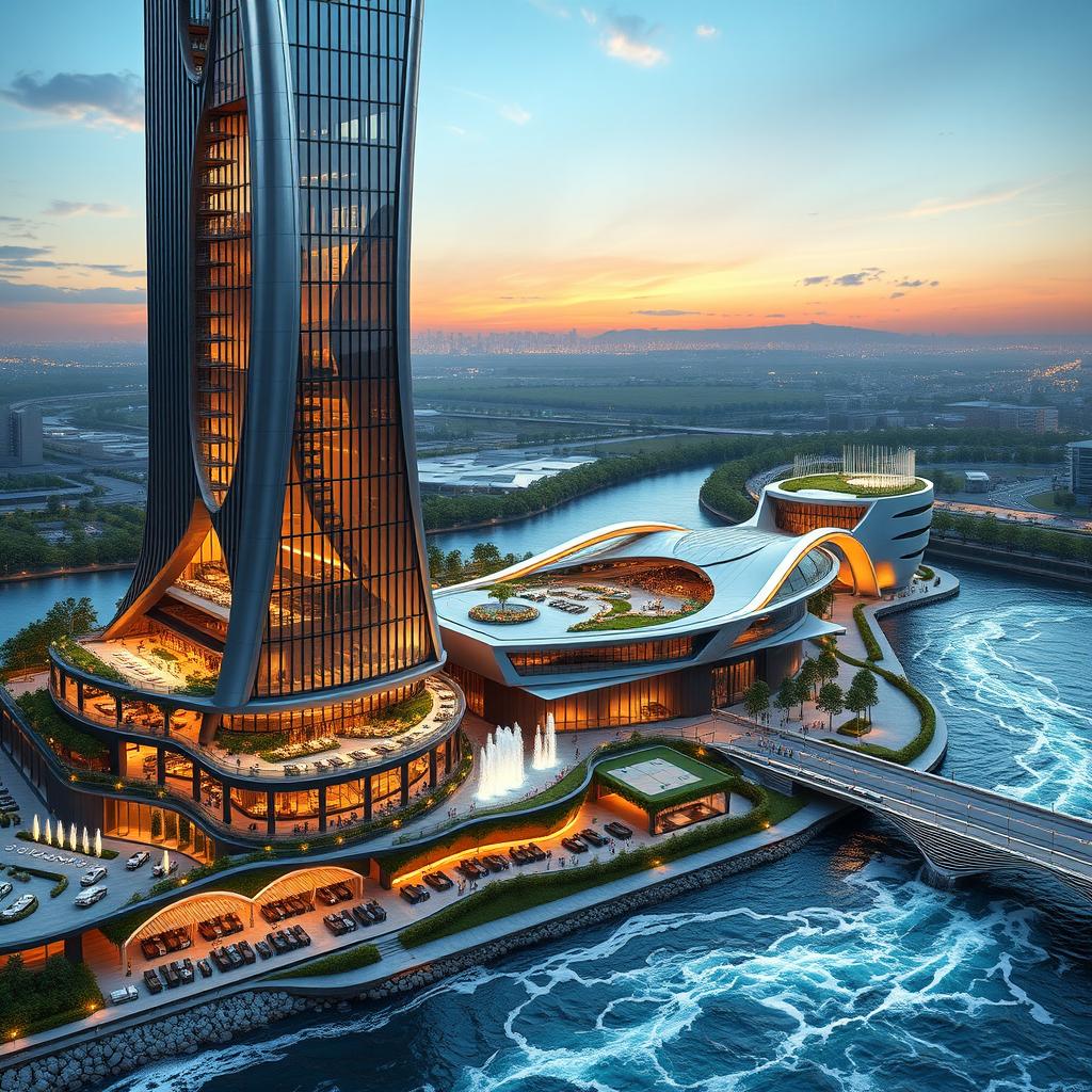 Design of a modern tower with sleek lines, 20 stories and a height of 80 meters on the southern bank of a rushing river