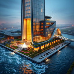 Design of a modern tower with sleek lines, 20 stories and a height of 80 meters on the southern bank of a rushing river