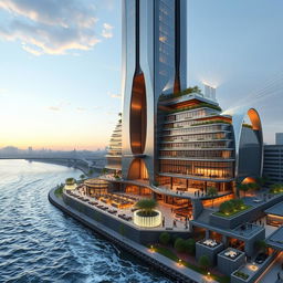 Design of a modern tower with sleek lines, 20 stories and a height of 80 meters on the southern bank of a rushing river