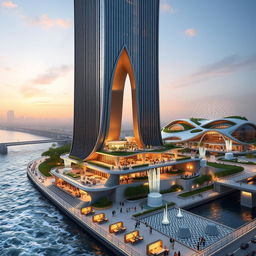 Design of a modern tower with sleek lines, 20 stories and a height of 80 meters on the southern bank of a rushing river