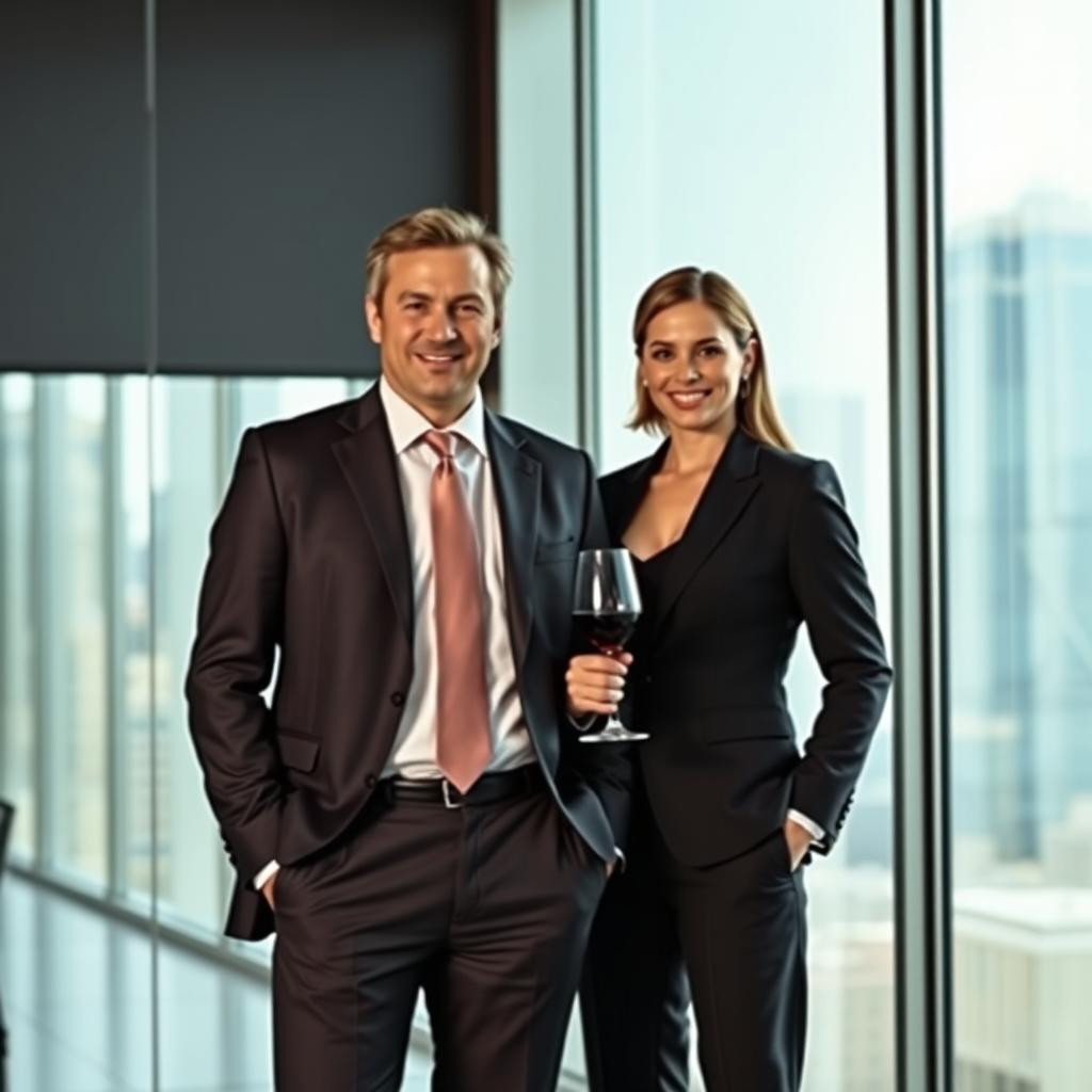 A confident CEO standing in a sharp tailored suit, exuding authority and professionalism