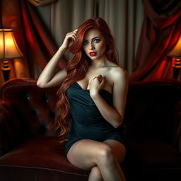 A captivating portrait of a glamorous model with luscious long red hair dressed in elegant yet alluring attire