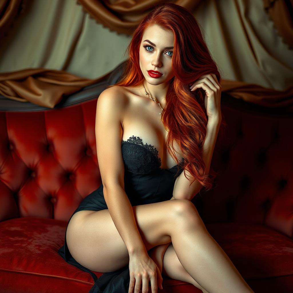 A captivating portrait of a glamorous model with luscious long red hair dressed in elegant yet alluring attire