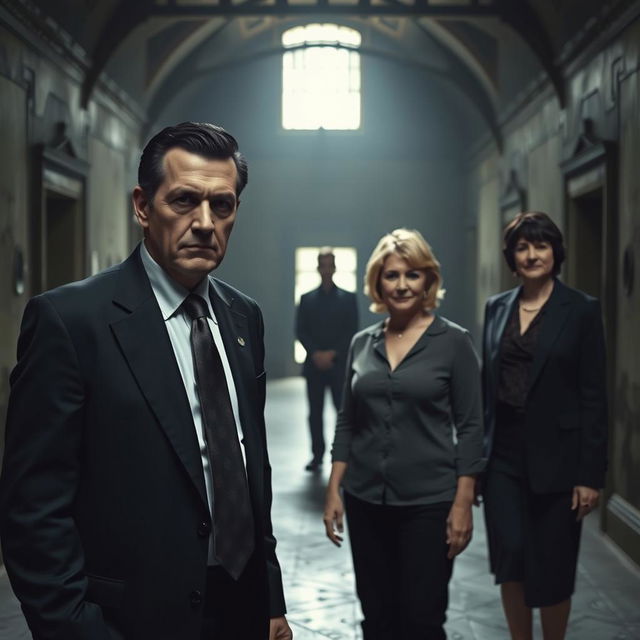 Inside a dark, abandoned hall of an old villa, there are four individuals: a sinister businessman in his fifties, dressed in a formal business suit with short, slicked-back black hair