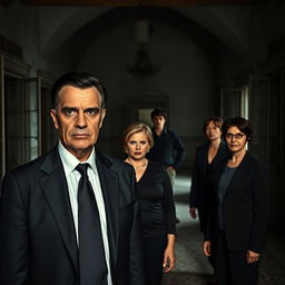 Inside a dark, abandoned hall of an old villa, there are four individuals: a sinister businessman in his fifties, dressed in a formal business suit with short, slicked-back black hair