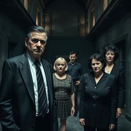 Inside a dark, abandoned hall of an old villa, there are four individuals: a sinister businessman in his fifties, dressed in a formal business suit with short, slicked-back black hair