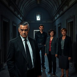 Inside a dark, abandoned hall of an old villa, there are four individuals: a sinister businessman in his fifties, dressed in a formal business suit with short, slicked-back black hair
