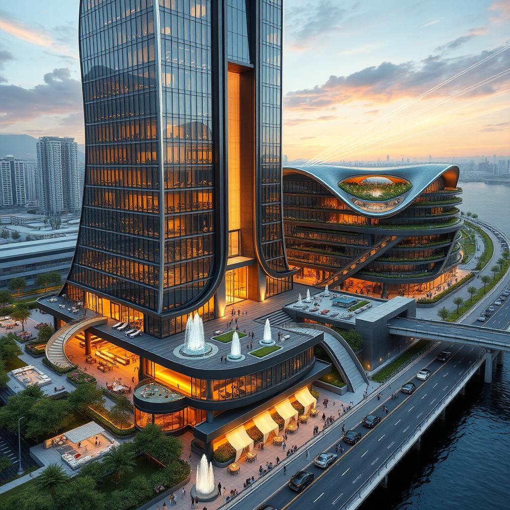 A modern 20-story building standing 80 meters tall, featuring sleek lines and constructed from steel and glass, reflecting the cityscape