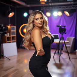 A curvy blonde woman exuding confidence, striking a playful pose in a Bollywood studio