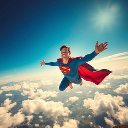A stunning scene of a person soaring through a vibrant blue sky, similar to Superman