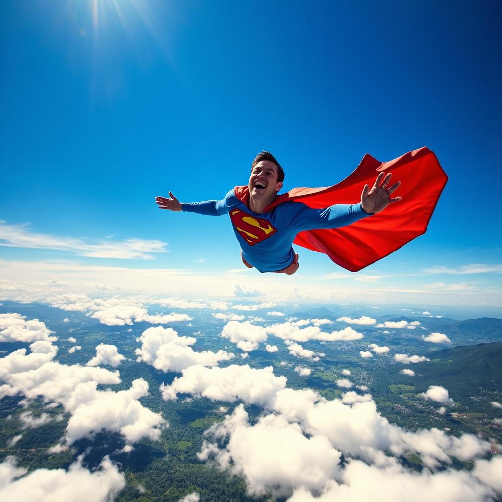 A stunning scene of a person soaring through a vibrant blue sky, similar to Superman