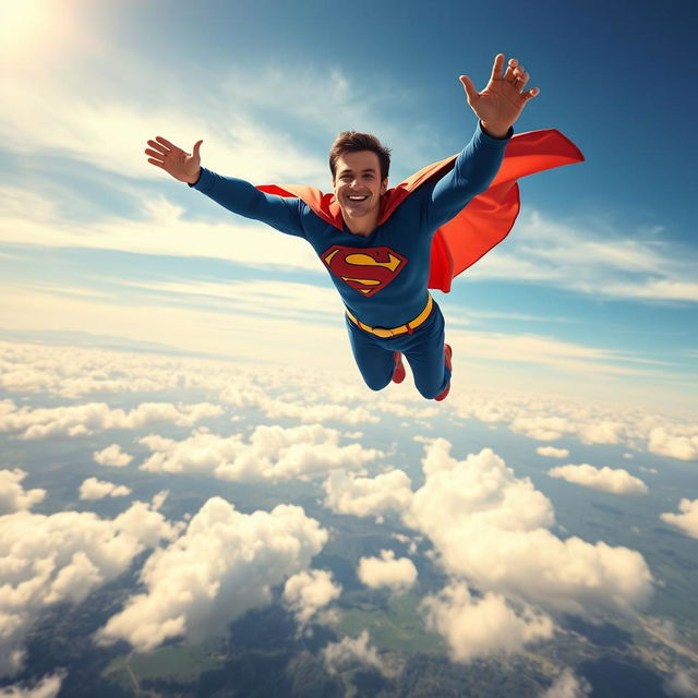 A stunning scene of a person soaring through a vibrant blue sky, similar to Superman