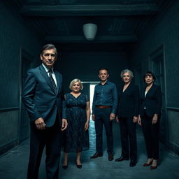 In a dark, abandoned hall of an old villa, four people are present