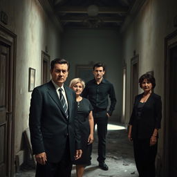 In a dark, abandoned hall of an old villa, four people are present