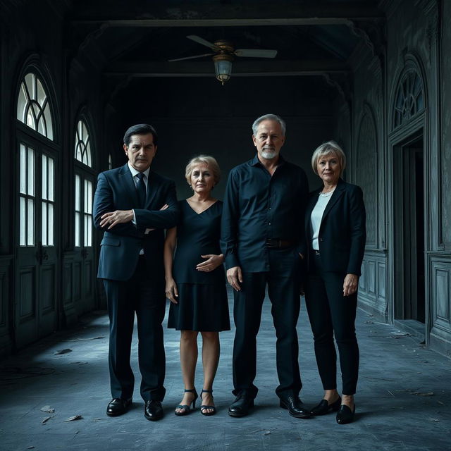 In a dark, abandoned hall of an old villa, four people are present