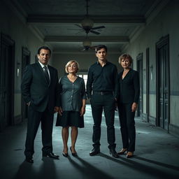 In a dark, abandoned hall of an old villa, four people are present
