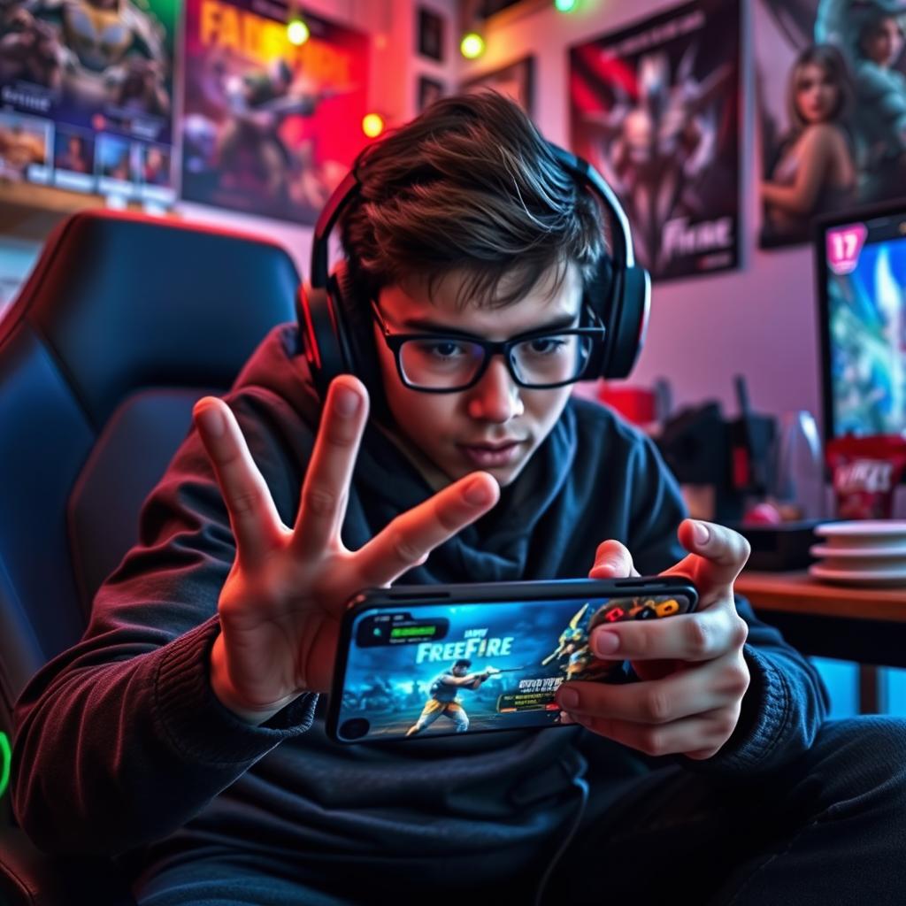 A skilled Free Fire player intensely focused on their mobile screen, employing a three-finger gaming technique