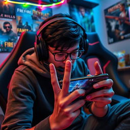 A skilled Free Fire player intensely focused on their mobile screen, employing a three-finger gaming technique
