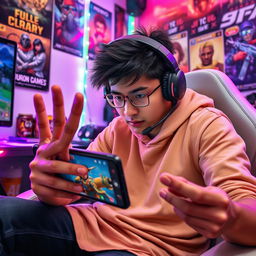 A skilled Free Fire player intensely focused on their mobile screen, employing a three-finger gaming technique