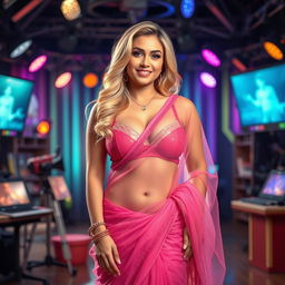 A curvy blonde woman dressed in a transparent saree elegantly draped over her figure, paired with a stylish bra blouse that highlights her cleavage and exposes her belly button