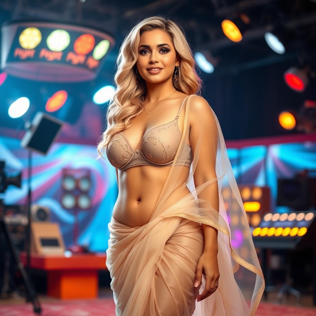 A curvy blonde woman dressed in a transparent saree elegantly draped over her figure, paired with a stylish bra blouse that highlights her cleavage and exposes her belly button