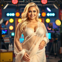 A curvy blonde woman dressed in a transparent saree elegantly draped over her figure, paired with a stylish bra blouse that highlights her cleavage and exposes her belly button