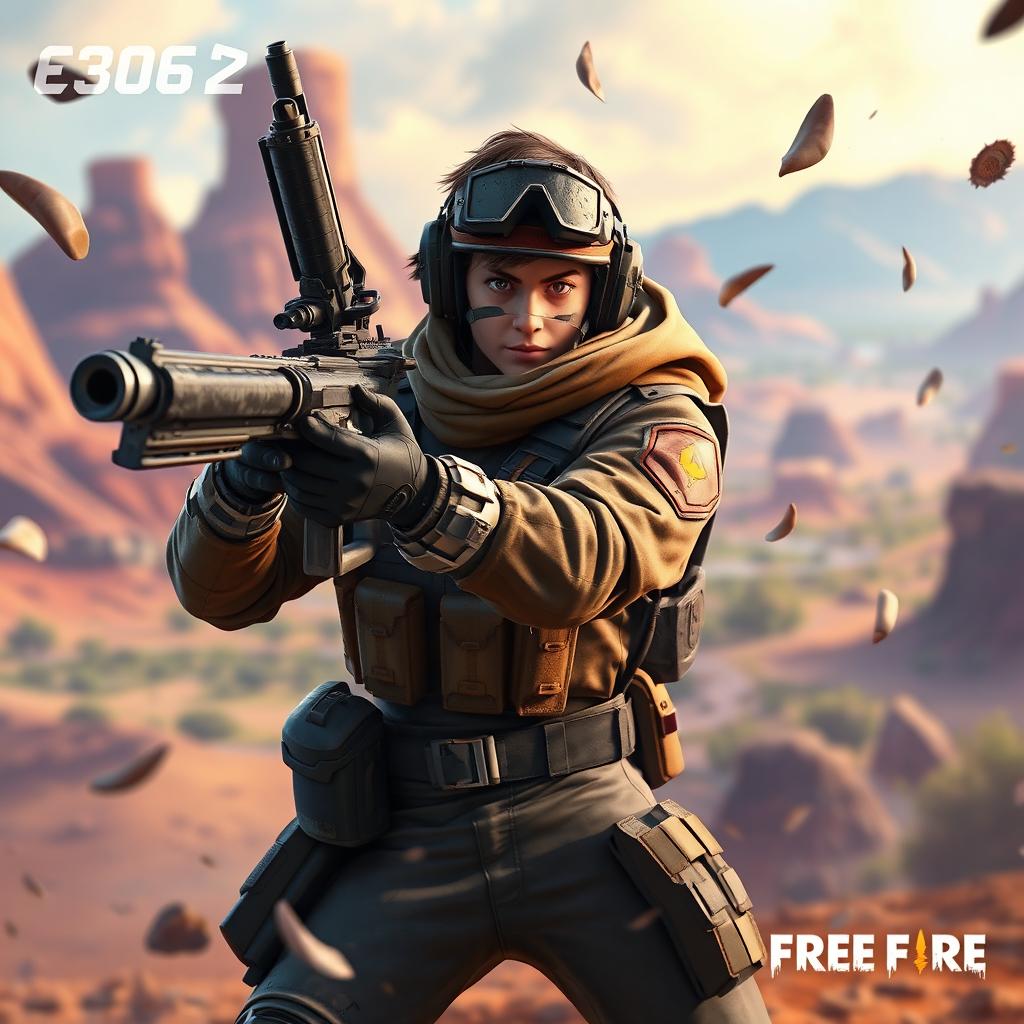 A dynamic scene featuring a Free Fire player in a tactical outfit, confidently wielding a futuristic gun