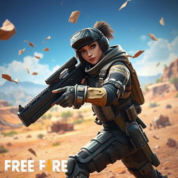 A dynamic scene featuring a Free Fire player in a tactical outfit, confidently wielding a futuristic gun